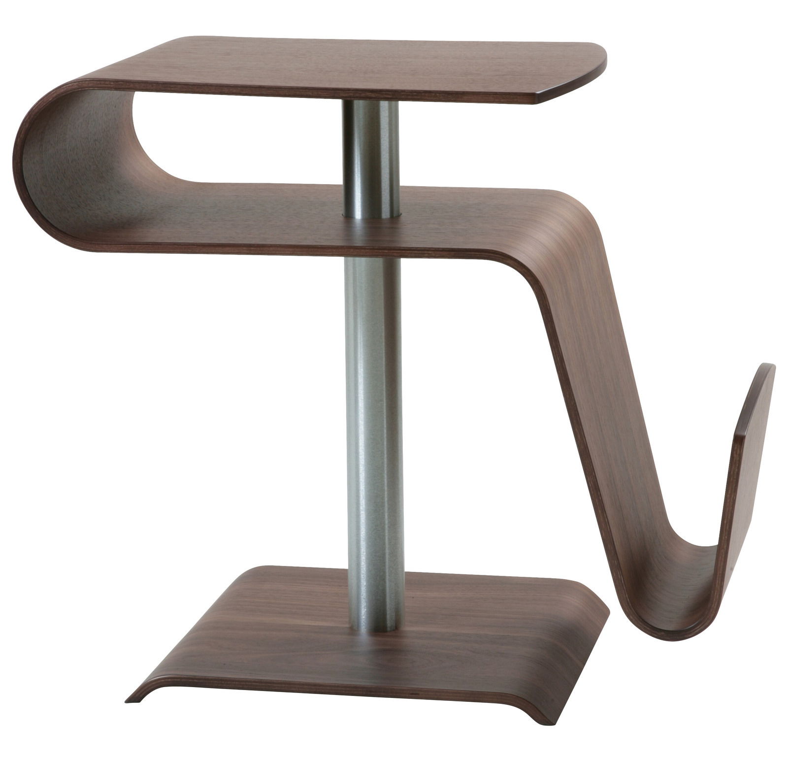 Moderner Beistelltisch aus Holz mit geschwungenem Design und Metallstütze, seitliche Perspektive