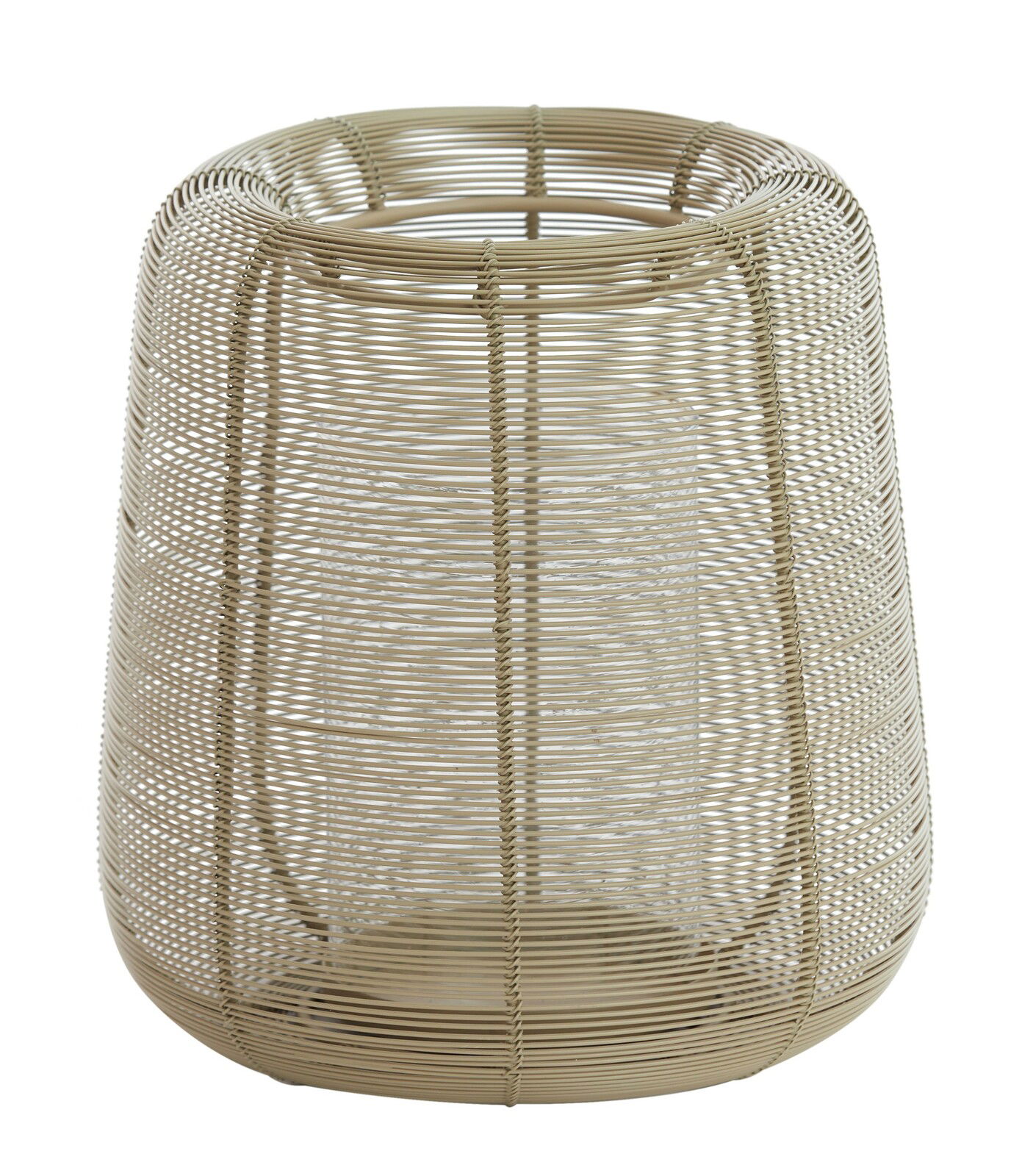 Windlicht aus geflochtenem Material in beige, seitliche Perspektive