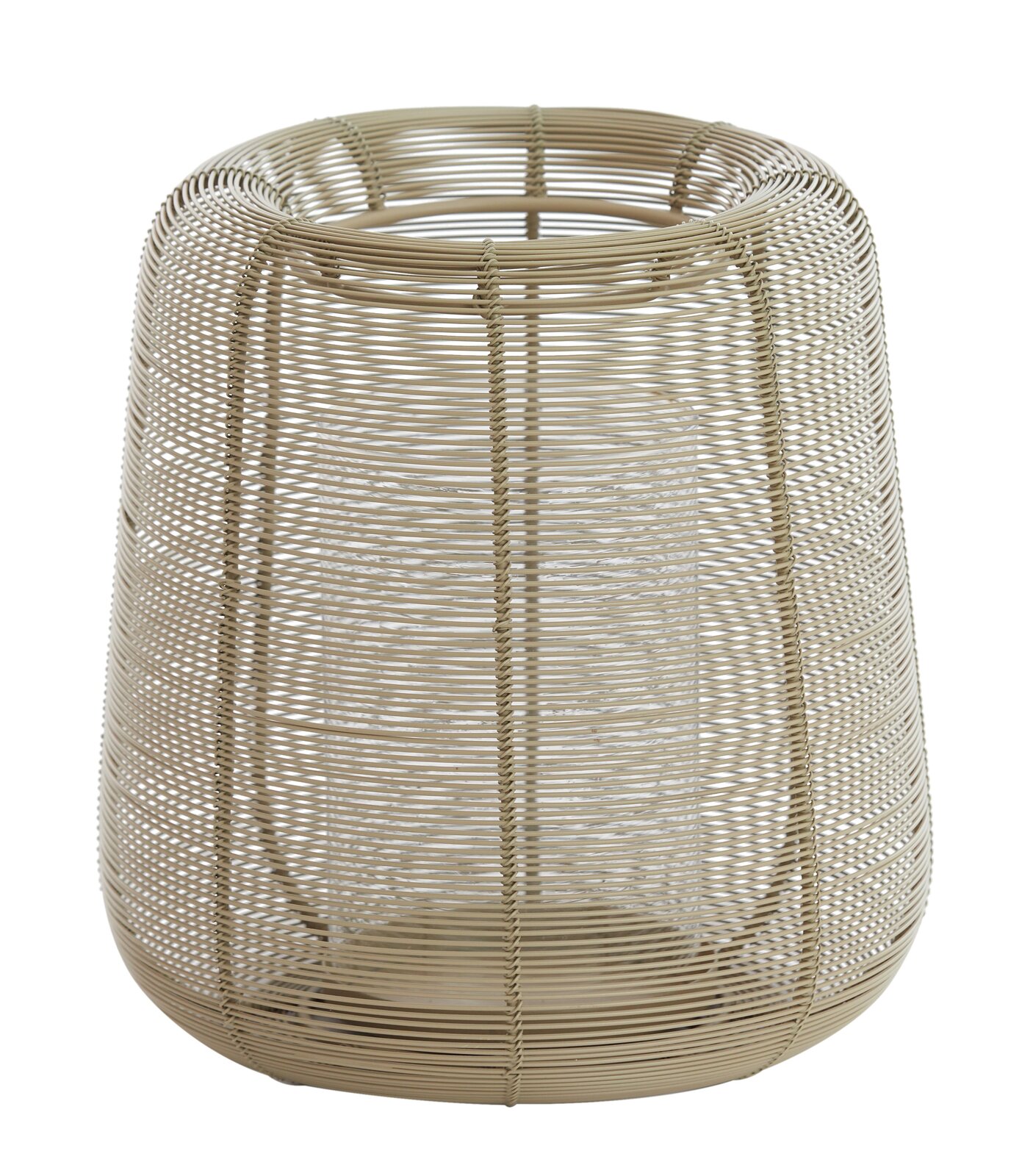 Windlicht aus geflochtenem Material in beige, seitliche Perspektive