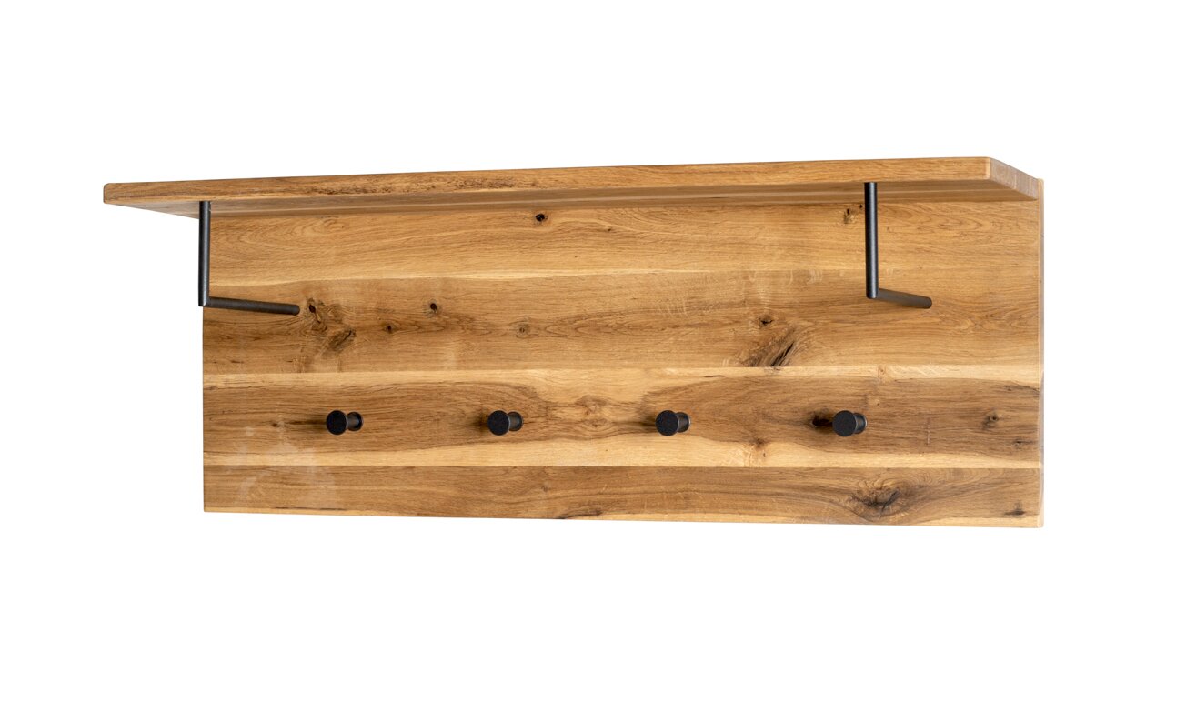 Zurbrüggen Wandgarderobe Wandgarderobe aus massivem Holz mit Ablagebrett, schwarzen Metallhalterungen und vier schwarzen Haken, frontal in leichter Schrägansicht von vorne auf weißem Hintergrund