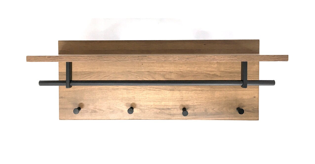 Zurbrüggen Wandgarderobe Wandgarderobe aus hellem Holz mit Ablagebrett, schwarzer Kleiderstange und vier Haken, Frontansicht