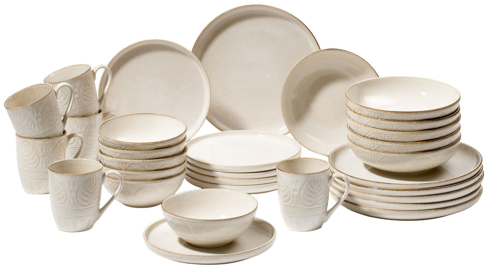 Kombiservice 30-tlg. in cremeweißer Farbe mit dekorativem Muster, bestehend aus Tellern, Schalen und Tassen, aus seitlicher Perspektive fotografiert.