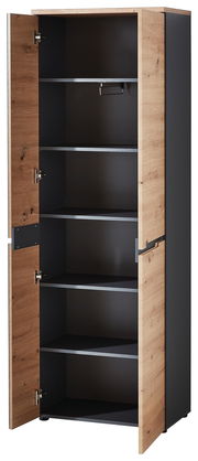 Offener XL-Schuh- und Garderobenschrank aus Holz mit mehreren Regalböden, seitliche Perspektive.