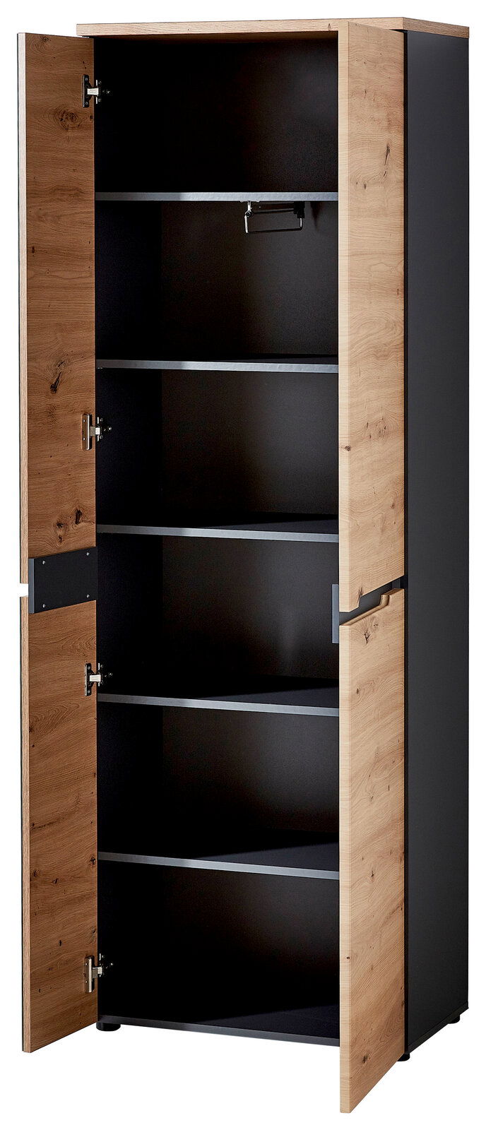 Offener XL-Schuh- und Garderobenschrank aus Holz mit mehreren Regalböden, seitliche Perspektive.