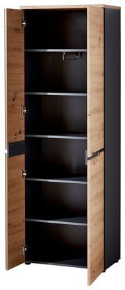 Offener XL-Schuh- und Garderobenschrank aus Holz mit mehreren Regalböden, seitliche Perspektive.