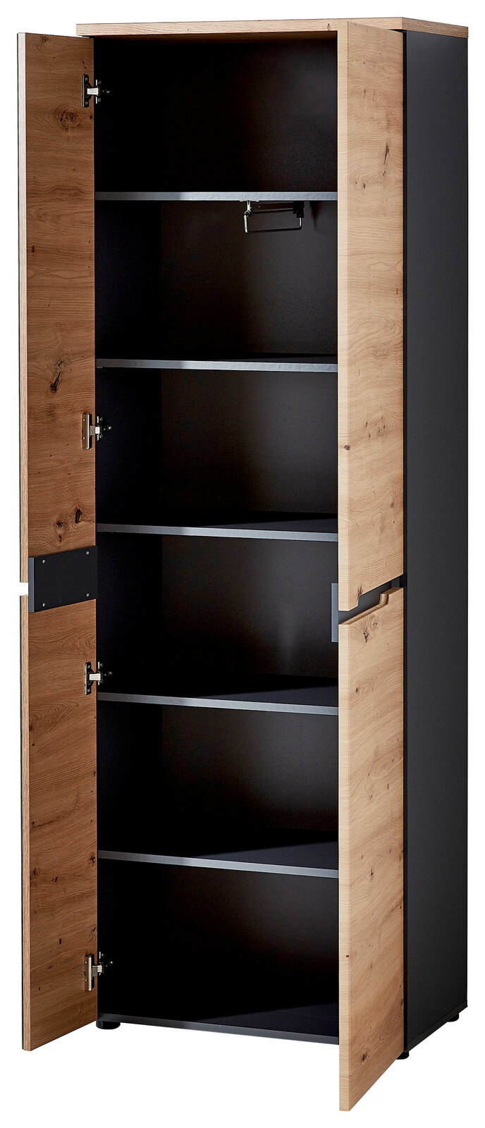 Offener XL-Schuh- und Garderobenschrank aus Holz mit mehreren Regalböden, seitliche Perspektive.