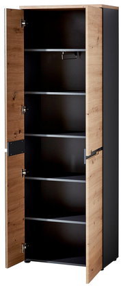 Offener XL-Schuh- und Garderobenschrank aus Holz mit mehreren Regalböden, seitliche Perspektive.