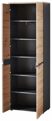 Offener XL-Schuh- und Garderobenschrank aus Holz mit mehreren Regalböden, seitliche Perspektive.