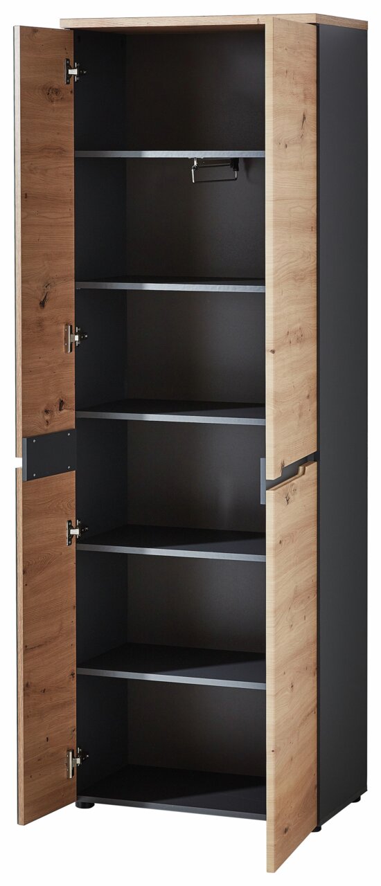 Offener XL-Schuh- und Garderobenschrank aus Holz mit mehreren Regalböden, seitliche Perspektive.