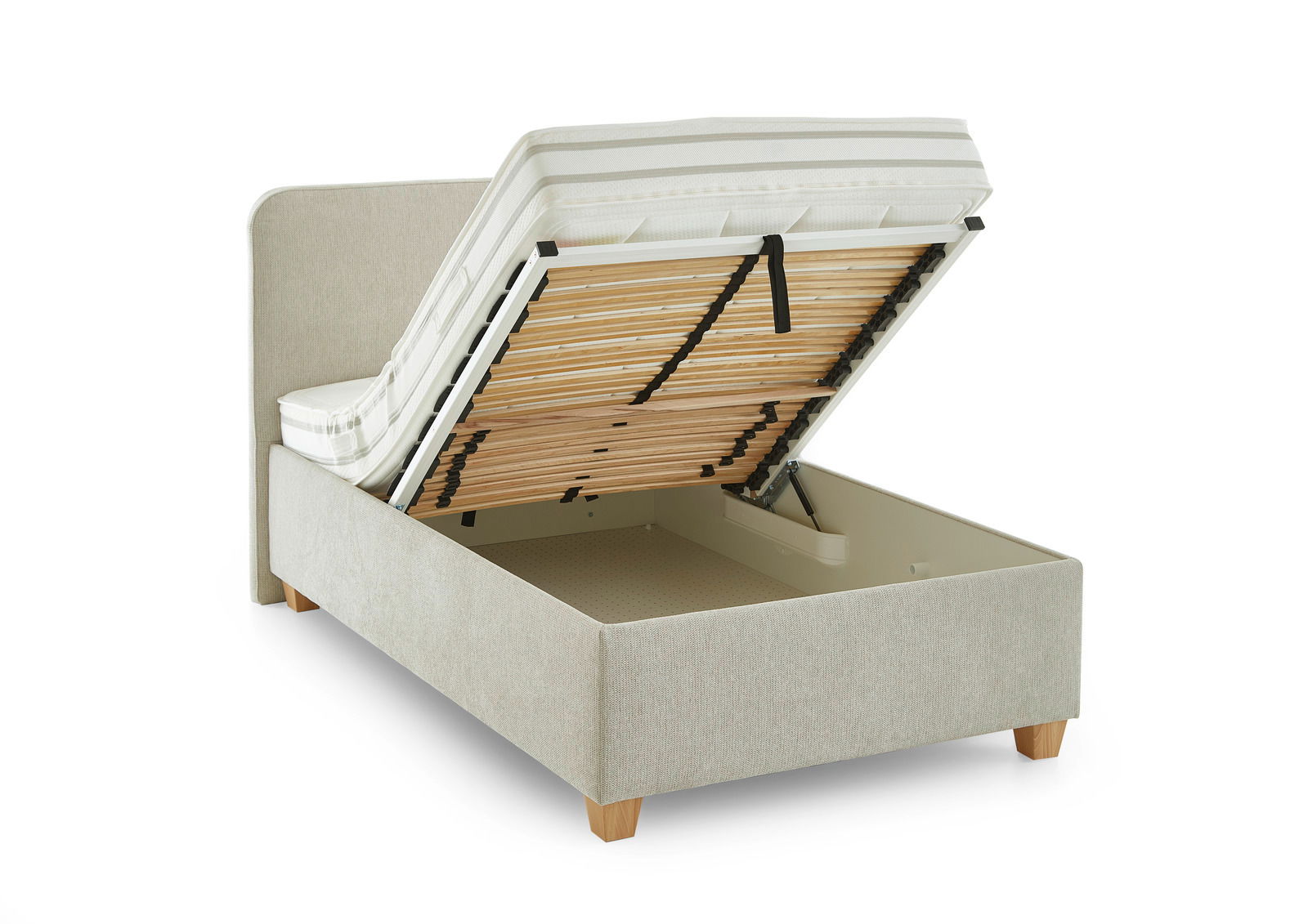 Polsterbett mit hochgeklappter Matratze und Stauraum, seitliche Perspektive