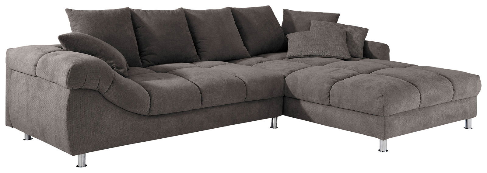 Graues Ecksofa mit Ottomane, Ansicht von schräg vorne, mit weichen Kissen und modernen Metallfüßen.