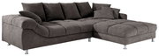 Graues Ecksofa mit Ottomane, Ansicht von schräg vorne, mit weichen Kissen und modernen Metallfüßen.
