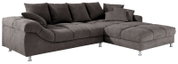 Graues Ecksofa mit Ottomane, Ansicht von schräg vorne, mit weichen Kissen und modernen Metallfüßen.