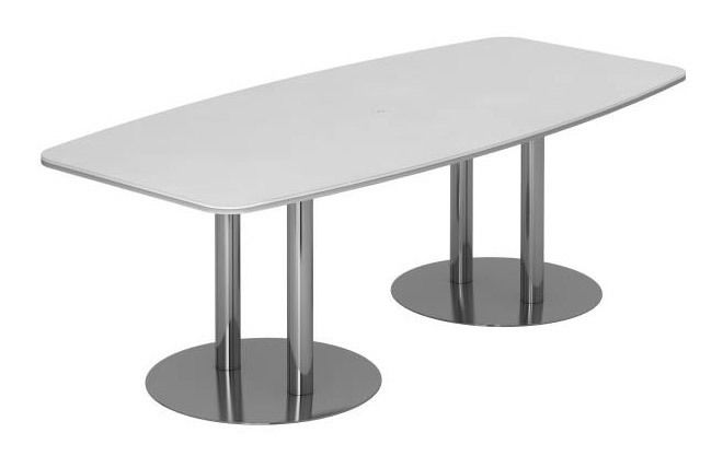Moderner Konferenztisch mit ovaler weißer Tischplatte und zwei verchromten Säulenfüßen, seitliche Perspektive.