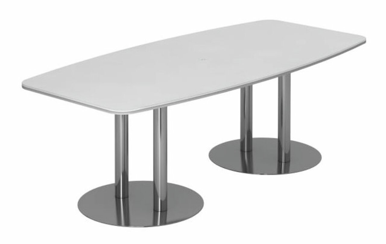 Moderner Konferenztisch mit ovaler weißer Tischplatte und zwei verchromten Säulenfüßen, seitliche Perspektive.