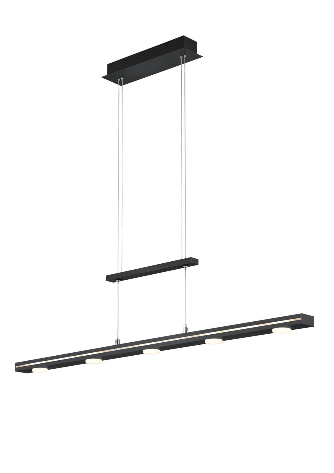 Moderne LED-Pendelleuchte in schwarzem Design mit fünf runden Lichtquellen, seitliche Perspektive