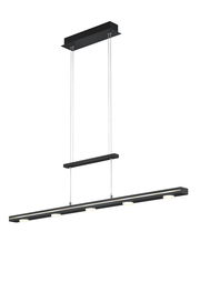 Moderne LED-Pendelleuchte in schwarzem Design mit fünf runden Lichtquellen, seitliche Perspektive