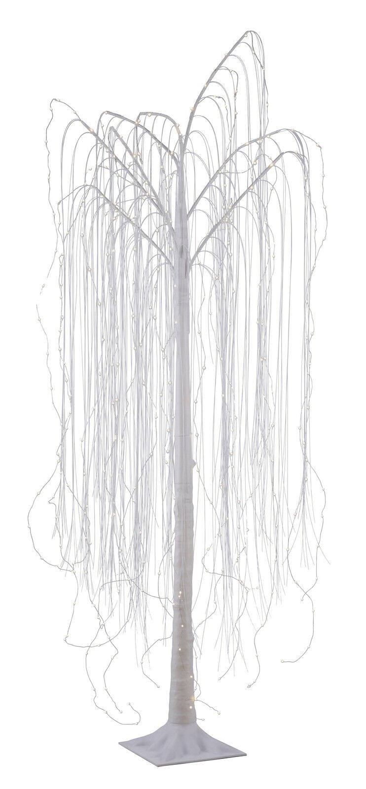 Weißer LED-Baum in Form einer Trauerweide, frontal fotografiert, mit leuchtenden Lichtern an den herabhängenden Zweigen.