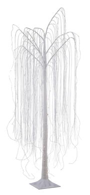 Weißer LED-Baum in Form einer Trauerweide, frontal fotografiert, mit leuchtenden Lichtern an den herabhängenden Zweigen.