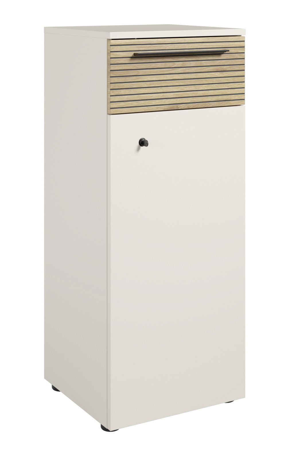 Novel Aktenschrank FLORIDA Aktenschrank mit linkem Schloss, Frontansicht, mit Holzlamellen und Metallgriff.