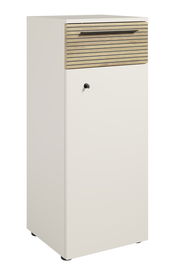 Aktenschrank mit linkem Schloss, Frontansicht, mit Holzlamellen und Metallgriff.