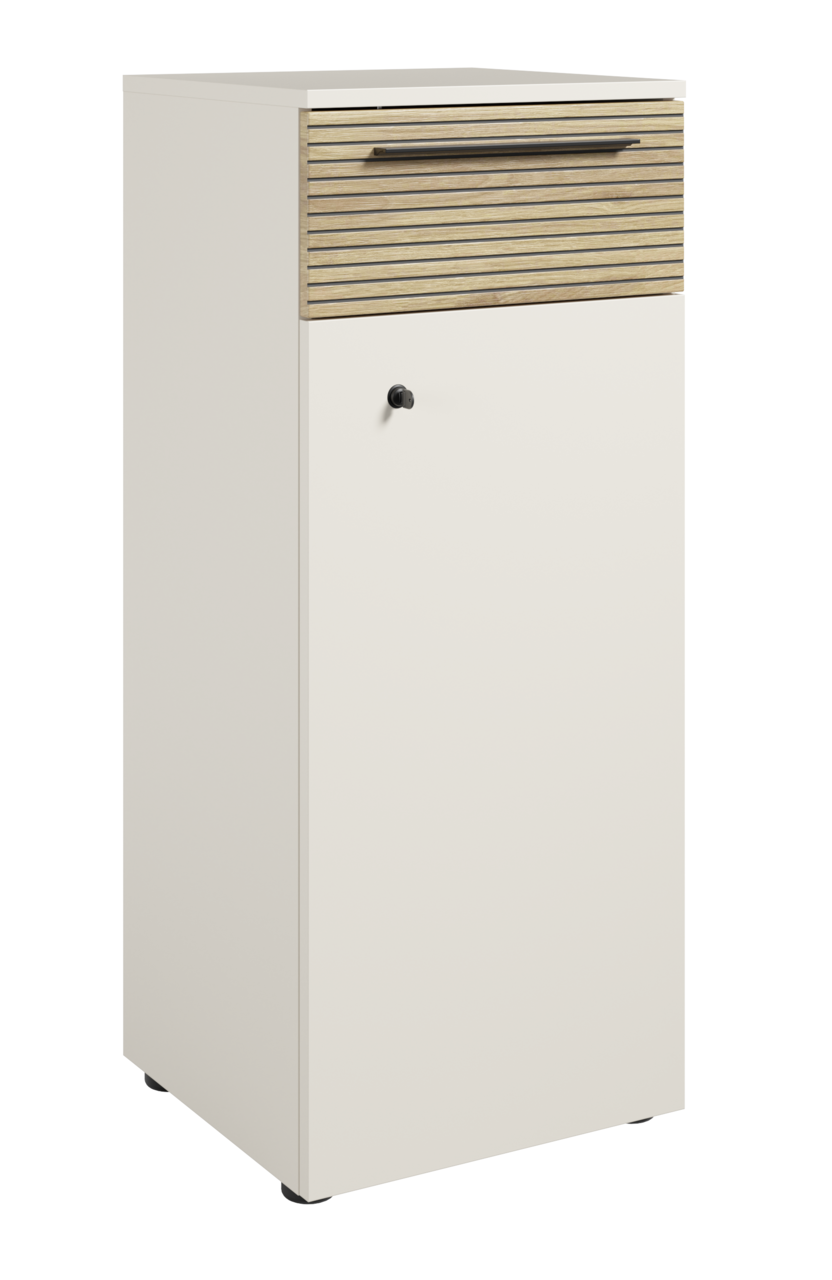 Aktenschrank mit linkem Schloss, Frontansicht, mit Holzlamellen und Metallgriff.