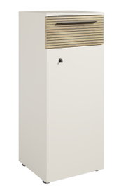 Aktenschrank mit linkem Schloss, Frontansicht, mit Holzlamellen und Metallgriff.