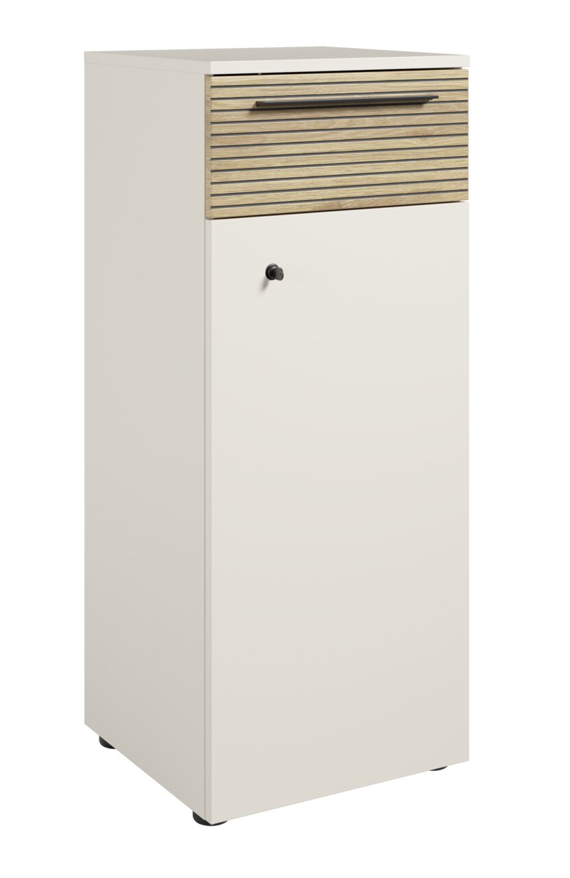 Aktenschrank mit linkem Schloss, Frontansicht, mit Holzlamellen und Metallgriff.