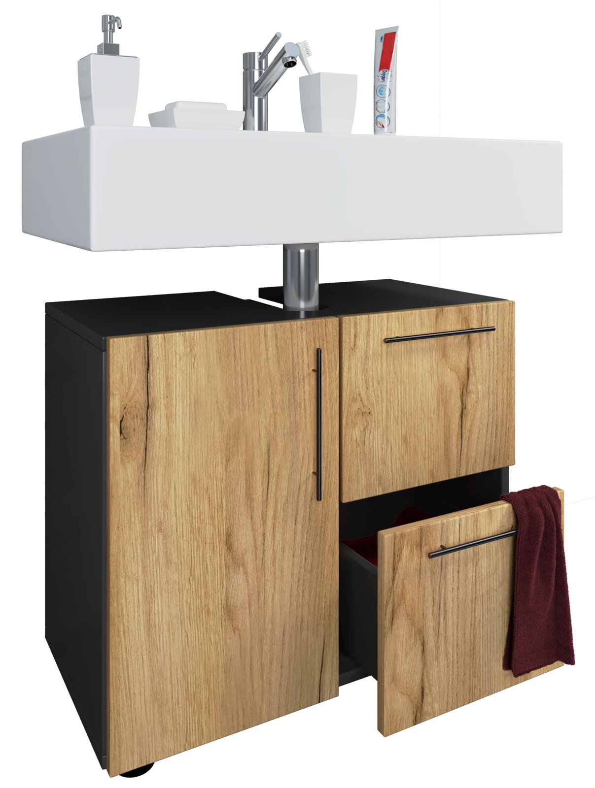 Modernes Badezimmer-Waschbecken mit Unterschrank in Holzoptik und schwarzem Korpus, weißem Aufsatzwaschbecken, Chrom-Armatur und teils geöffneter Schublade mit Handtuch, Frontansicht in leichter Seitenperspektive von links.
