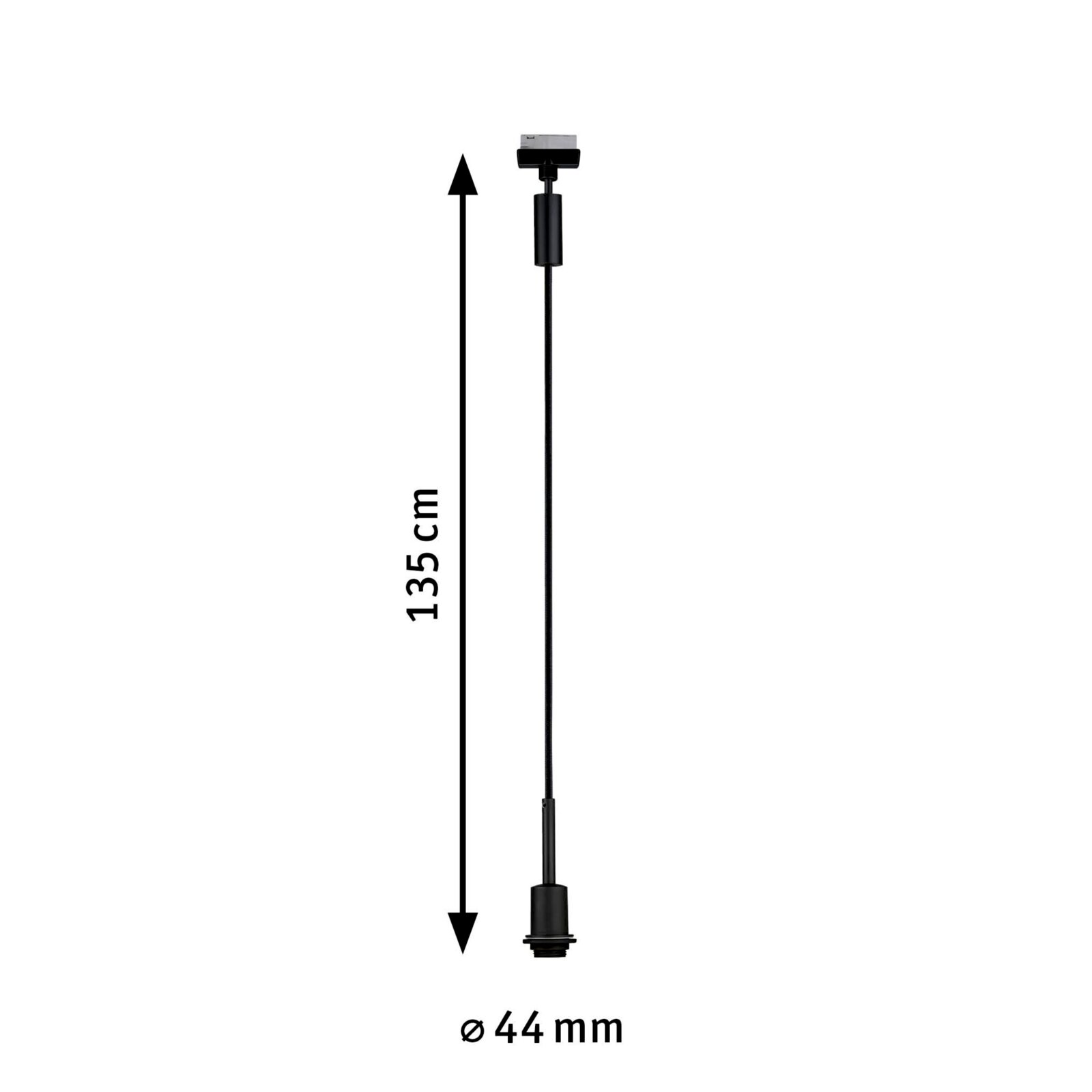 Schwarzes Basispendel mit einer Länge von 135 cm und einem Durchmesser von 44 mm, seitliche Ansicht.