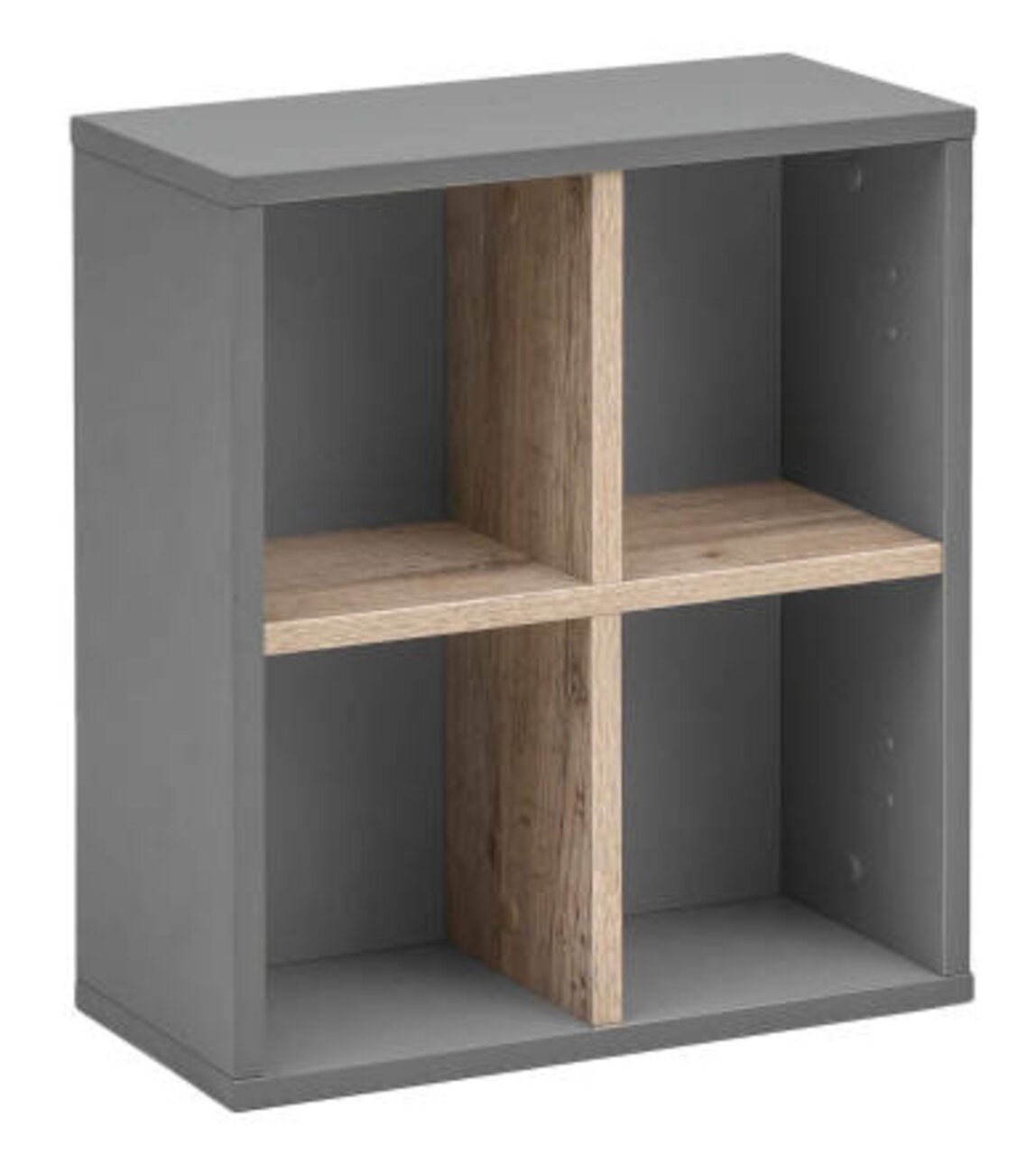 Graues Regal mit vier Fächern, aus Holz, in Frontalansicht.
