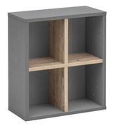 Graues Regal mit vier Fächern, aus Holz, in Frontalansicht.