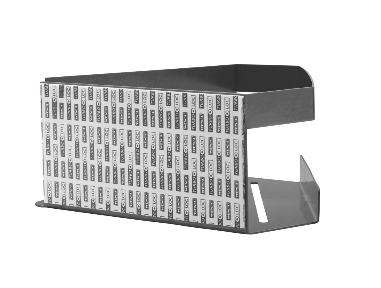 Hoekplank Meleto in gunmetal, zijaanzicht, met Turbo-Loc-bevestigingssysteem.