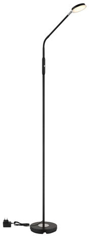 Schwarze LED-Stehleuchte mit flexiblem Hals und rundem Sockel, seitliche Perspektive