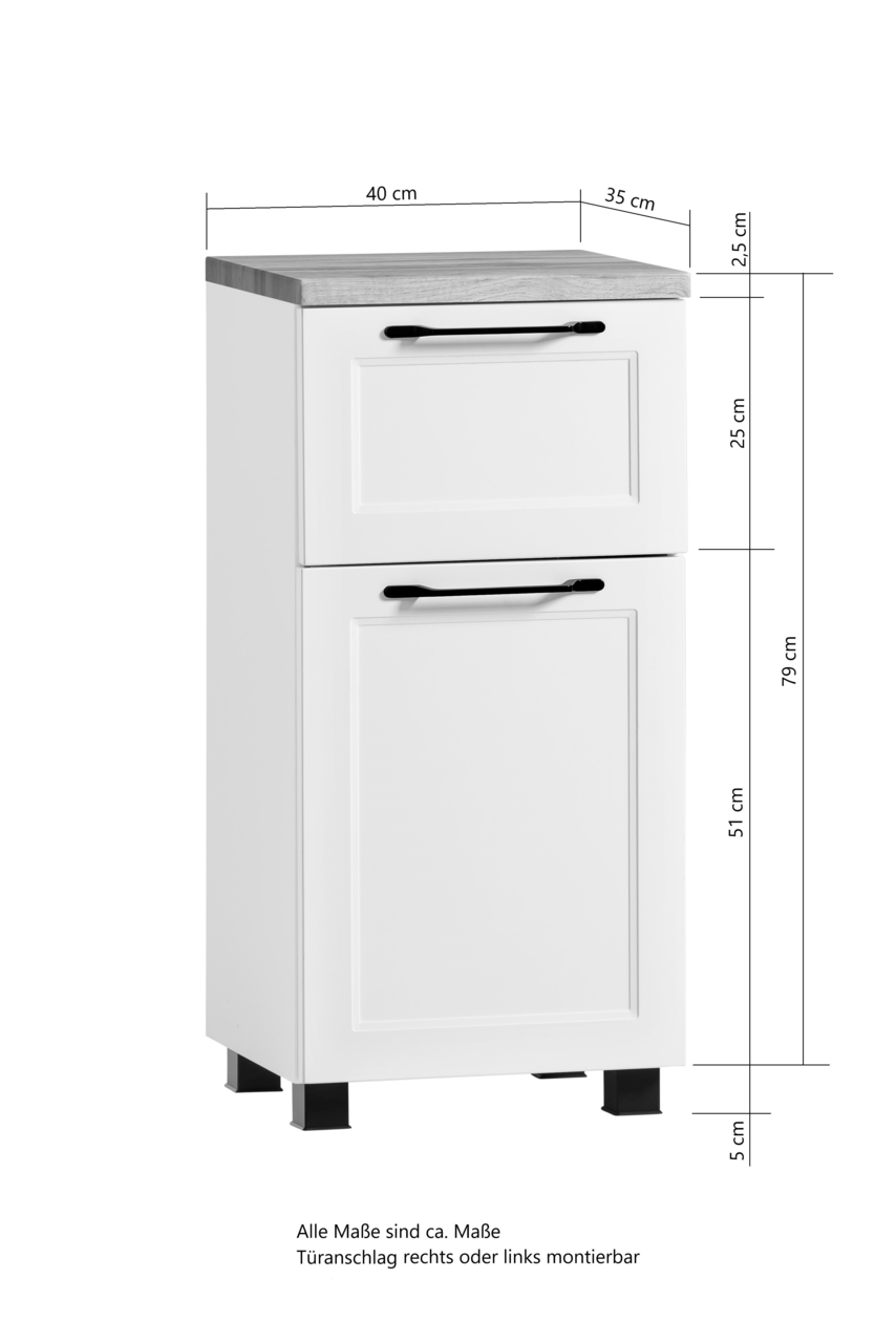 Weißer Unterschrank mit zwei Schubladen, Ansicht von vorne, Maße: 40 cm Breite, 35 cm Tiefe, 79 cm Höhe.