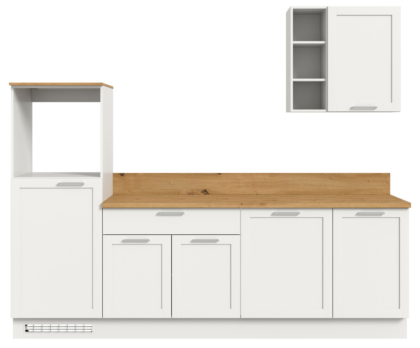 Küchenblock 260 in moderner Frontansicht mit weißem Design und Holzarbeitsplatte, inklusive Hängeschrank mit offenen Regalen.