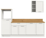 Küchenblock 260 in moderner Frontansicht mit weißem Design und Holzarbeitsplatte, inklusive Hängeschrank mit offenen Regalen.