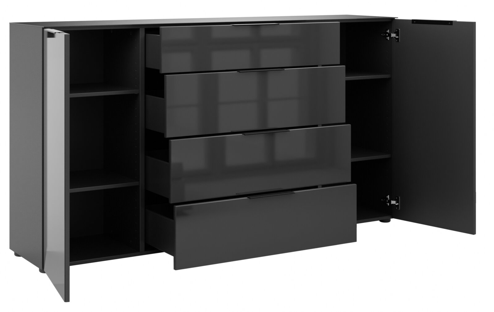 Schwarzes XL-Sideboard mit offenen Schubladen und Türen, seitliche Perspektive