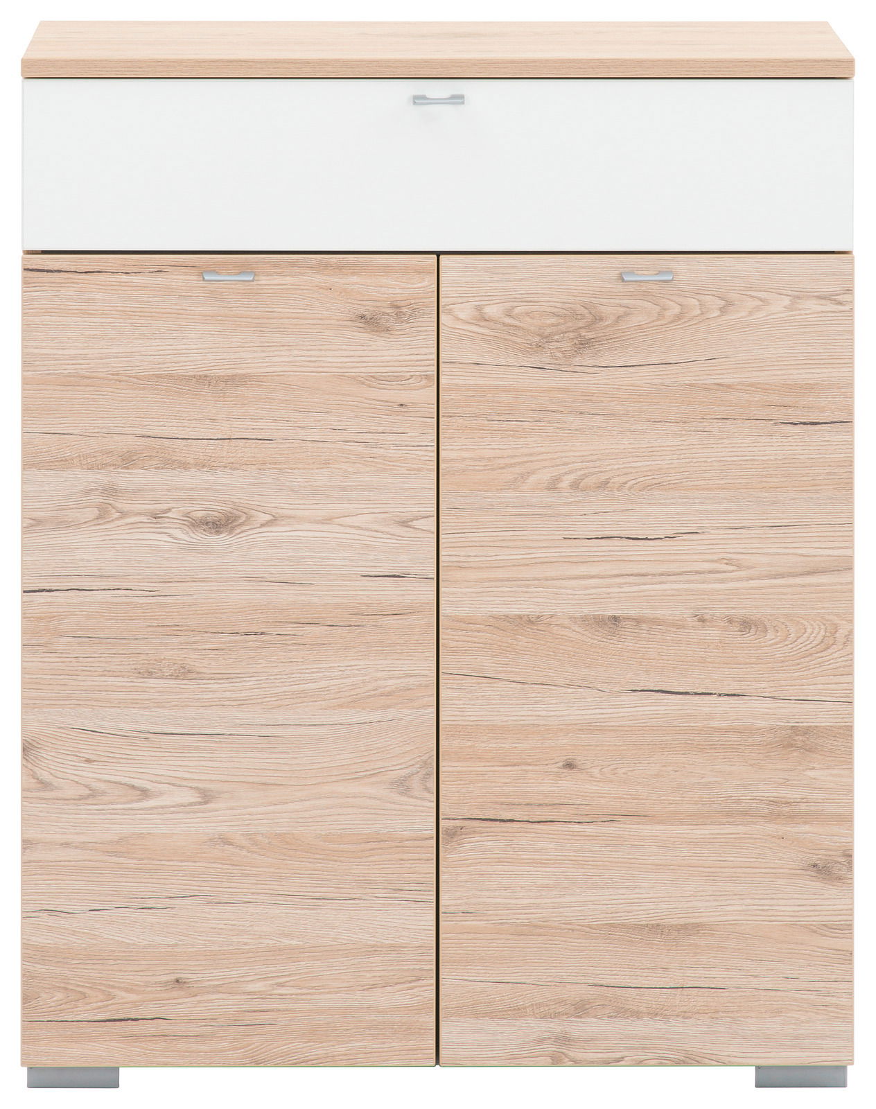 Moderner Schuhschrank aus Holz mit zwei Türen und einer Schublade, Frontalansicht