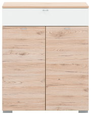 Moderner Schuhschrank aus Holz mit zwei Türen und einer Schublade, Frontalansicht