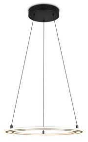 Moderne Pendelleuchte mit schwarzem Baldachin und kreisförmigem, leuchtendem Ring, seitliche Perspektive