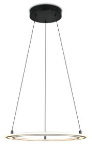Moderne hanglamp met zwarte kap en cirkelvormige, verlichte ring, zijaanzicht