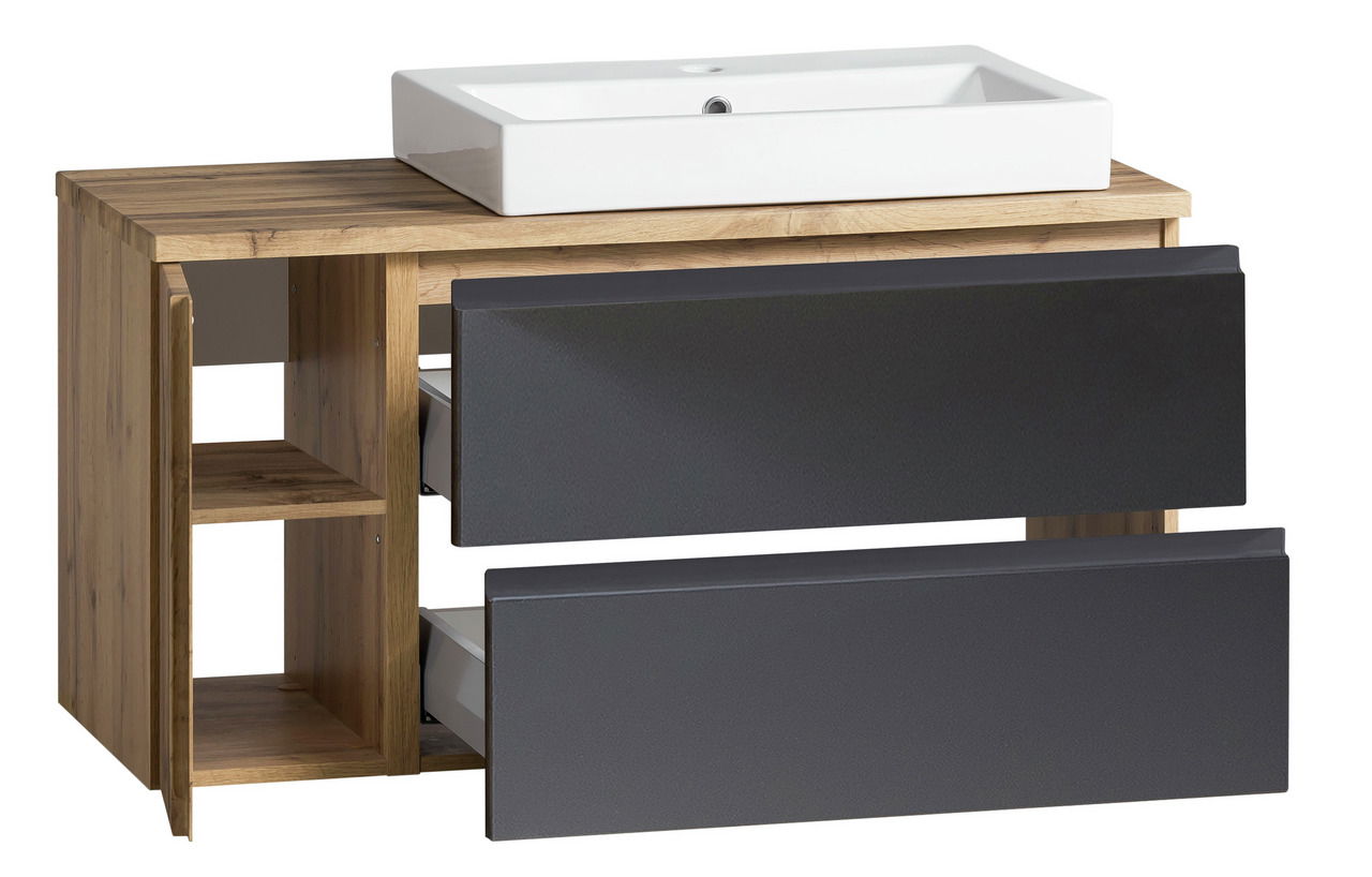 Waschtisch-Set 105 cm mit weißem Waschbecken und Holzoptik, seitliche Perspektive