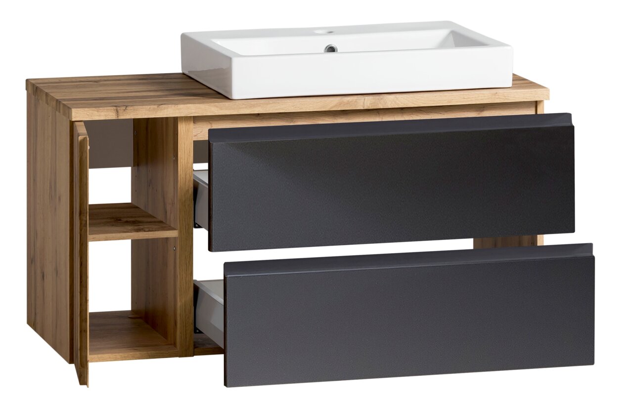 Waschtisch-Set 105 cm mit weißem Waschbecken und Holzoptik, seitliche Perspektive
