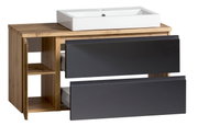Waschtisch-Set 105 cm mit weißem Waschbecken und Holzoptik, seitliche Perspektive