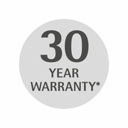Runder Aufkleber mit der Aufschrift '30 Year Warranty' in schwarzer Schrift auf grauem Hintergrund, Vorderansicht.