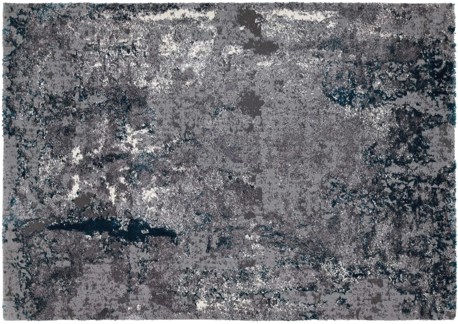 Moderner Designer-Teppich in Grau- und Blautönen mit abstraktem Muster, Draufsicht