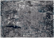 Moderner Designer-Teppich in Grau- und Blautönen mit abstraktem Muster, Draufsicht