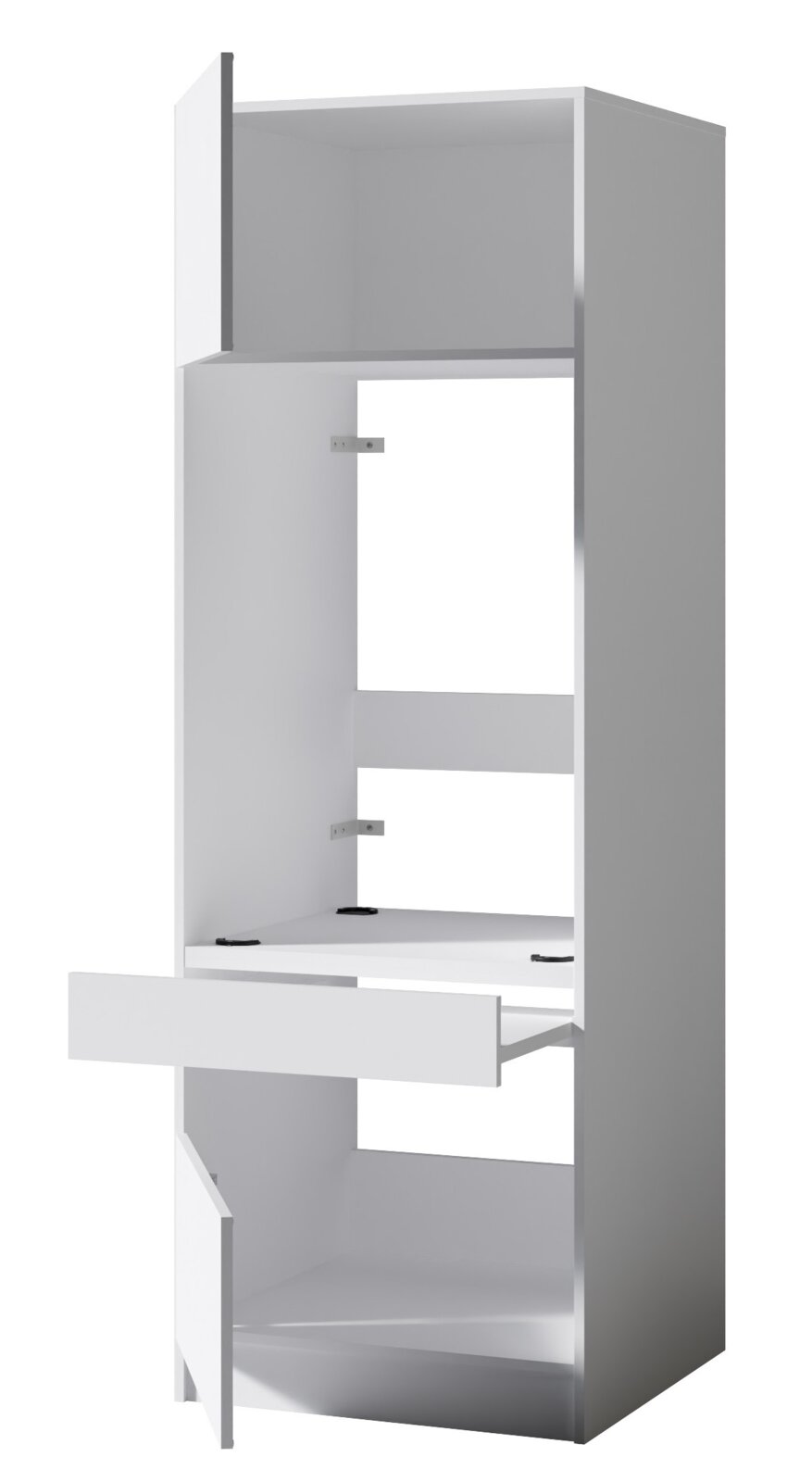Weißer Hochschrank/Stauraumschrank mit offenen Fächern und herausgezogener Schublade, Vorderansicht in leichter Seitenperspektive (3/4-Ansicht)