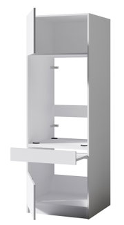 Weißer Hochschrank/Stauraumschrank mit offenen Fächern und herausgezogener Schublade, Vorderansicht in leichter Seitenperspektive (3/4-Ansicht)